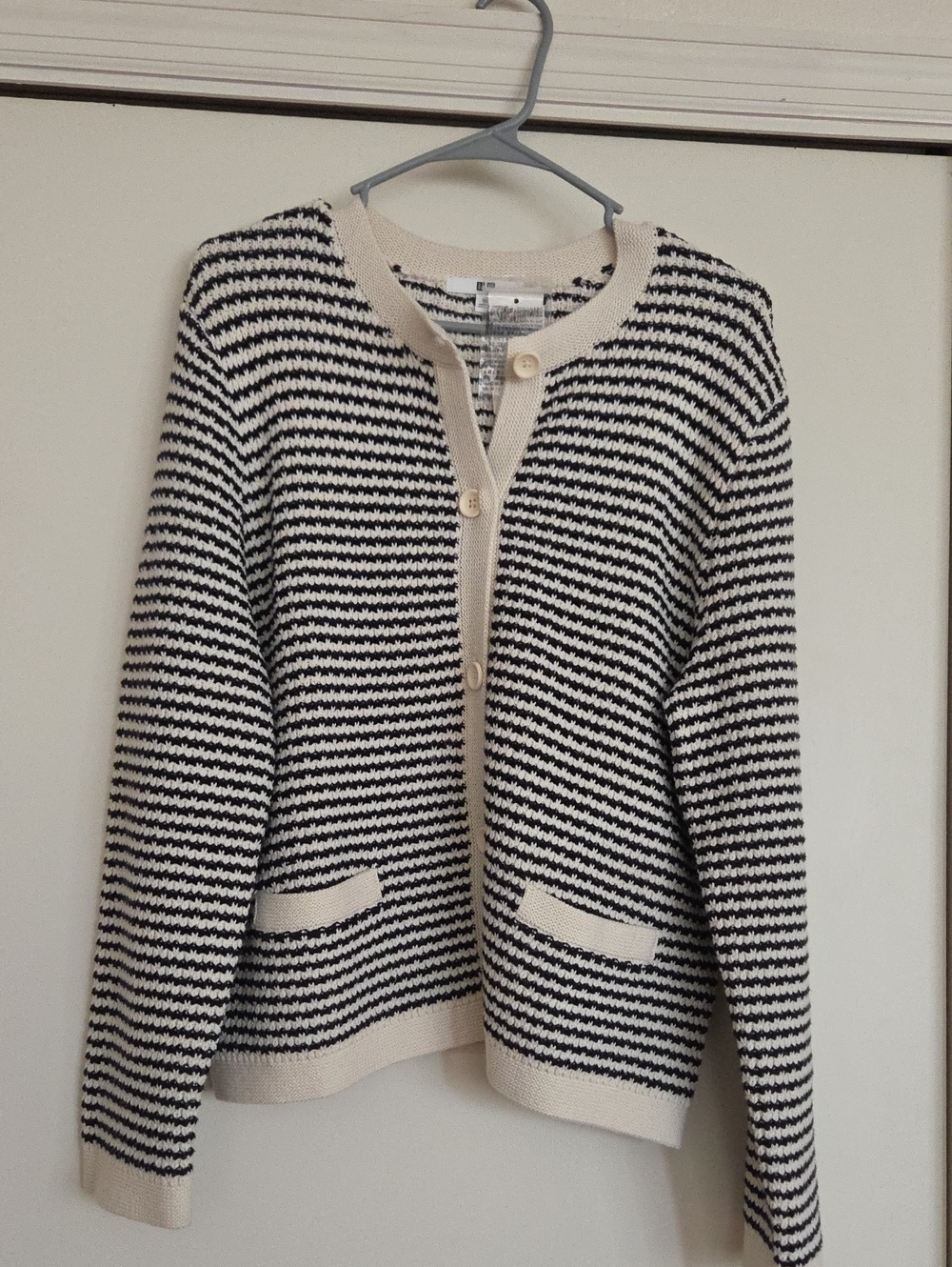 Women's UniQlo Striped Black & Cream Button-Front Sweater Cardigan Sz XL